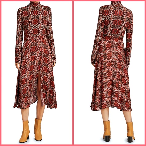 Alice + Olivia Clare Turtleneck Long Sleeve Midi Boho Burgundy Red Dress - Picture 5 of 16